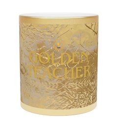 a gold candle holder with the words golden teacher on it's front and bottom