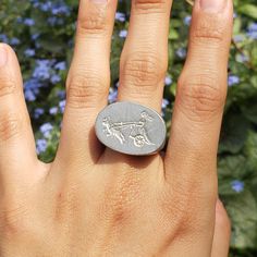 This signet ring is cast in lead-free pewter. The ring size when cast is 7.25. The sealing image is Freyja riding her cat drawn chariot.       This is part of a series of signet rings I am making cast from lead-free pewter. Each master ring is hand sculpted to give a unique, rustic style, multi-dimensional relief image when used as a stamp to seal, with sealing wax. Signet Rings, Sand Casting, Multi Dimensional, Sealing Wax, Metal Work, Wax Seal, Cat Drawing, Wax Seals, Signet Ring