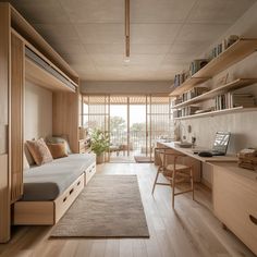 a room with wood floors and shelves filled with books, furniture, and other items