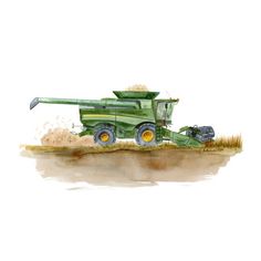 a drawing of a large green tractor in the middle of a field with grain on it's back