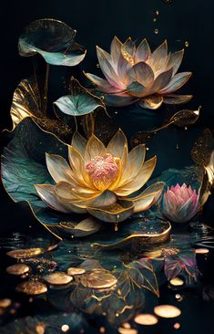 two water lilies floating on top of a pond filled with gold flecks