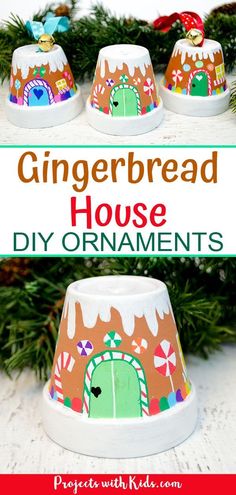 These gingerbread ornaments are absolutely adorable for kids (and adults!) to make! All you need are a few simple supplies to transform mini clay pots into sweet gingerbread houses. #projectswithkids #christmas #gingerbreadhouse #christmascrafts #kidscrafts #diyornaments Mini Clay Pots, Gingerbread House Ornaments, Treats Christmas, Mini Clay, Gingerbread Crafts, Diy Ornament, Christmas Crafts For Adults, Christmas Crafts For Kids To Make, Gingerbread Ornaments