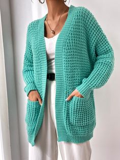 Green Casual Collar Long Sleeve Polyester Plain Coat Embellished Non-Stretch  Women Knitwear Plain Coats, Shoulder Cardigan, Drop Shoulder Cardigan, Stylish Winter Outfits, Knitwear Women, Cardigans For Women, Drop Shoulder, Cardigans, Winter Outfits