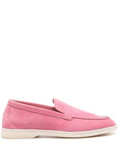 Dusky pink calf suede slip-on style round toe leather lining branded leather insole flat rubber sole This piece comes complete with a protective dust bag. Pink Suede Round Toe Loafers, Lace-up Suede Loafers With Leather Sole, Classic Pink Loafers With Leather Sole, Pink Leather Sole Flat Loafers, Pink Leather-sole Loafers For Formal Occasions, Pink Loafers, Suede Loafers, Loafers For Women, Boss Lady