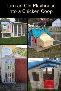 an old playhouse has been transformed into a chicken coop for the kids to play in