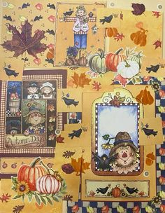 a collage of pictures with pumpkins, leaves and scarecrows on them