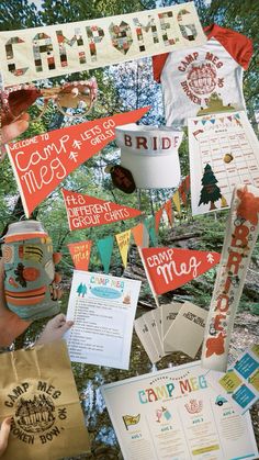 a collage of paper and other items in the woods