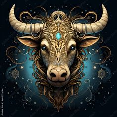 a bull with intricately designed horns on it's face, against a dark background