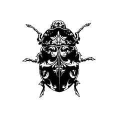 a black and white drawing of a bug with ornate designs on it's back