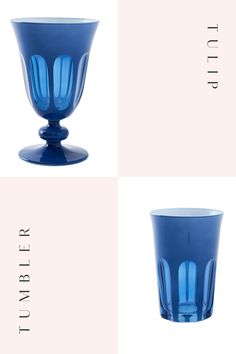 three different blue glass vases sitting next to each other on a pink and white background