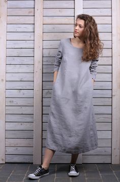 "This dress is very comfortable and has a minimalistic look. It is perfect for any occasion and for any season. Natural high-quality linen is quite dense and looks nice even without ironing. Each dress is hand made with love to nature. We use only natural fabric to create our things. You can choose from 16 colors. (The color palette you can find it in the end of listing). GENERAL SIZE CHART: SIZE XXS Bust: fits bust around 80 cm / 31.5\" Waist: fits waist around 62 cm / 24.5\" Hips: fits hips ar Simple Gray Dress Casual, Gray Long Sleeve Midi Dress For Summer, Casual Gray Long Sleeve Dress, Gray Long Sleeve Dresses With Relaxed Fit, Oversized Gray Dresses For Spring, Oversized Gray Dress For Spring, Gray Long Sleeve Midi Dress For Spring, Long Linen Dress Casual, Linen Dress Casual