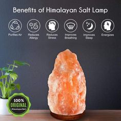 a himalayan salt lamp on a table next to a potted plant with the words benefits of himalayan salt lamp