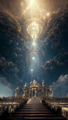 a stairway leading up to an ornate building with clouds in the sky and light coming from above