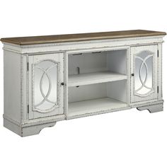 an old white entertainment center with wood top and glass doors on one side, two shelves in the other