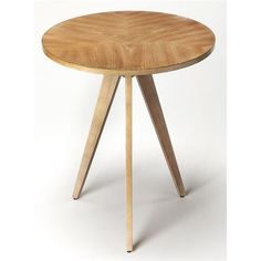 a small wooden table with two legs and a round top, on a white background