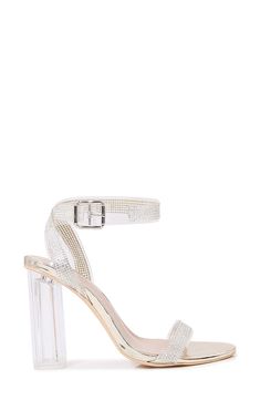 Transparent straps enhance the modern intrigue of this party-ready sandal set on a translucent tapered heel. 4" heel Synthetic upper, lining and sole Imported Clear Block Heel Sandals For Party, Clear Open Toe Sandals For Party, Clear Block Heel Party Heels, Clear Block Heel Party Shoes, Party Sandals With Transparent Straps And Open Toe, Glamorous Sandals With Clear Ankle Strap, Clear Sandals With Transparent Straps For Party, Party Sandals With Clear Ankle Strap, Party Sandals With Clear Transparent Straps