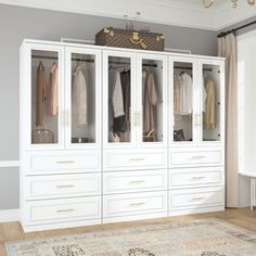 a white closet with lots of clothes hanging on the doors and drawers next to a rug