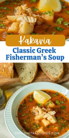 a close up of a bowl of fish and vegetable soup with bread on the side