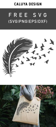 a woman carrying a bag with birds flying over it and the words free svp