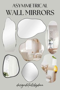 an advertisement for wall mirrors with images of furniture and decor in it, including a couch