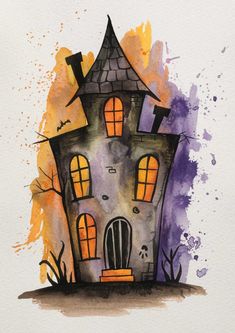 a watercolor painting of a house with orange windows