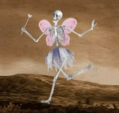 a skeleton dressed as a fairy dancing in the desert with a pink flower on it's back