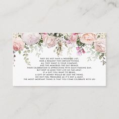 the floral wedding details card is shown with pink flowers and greenery on it's border