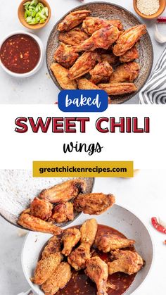 baked sweet chili wings in a bowl with dipping sauce on the side and other ingredients