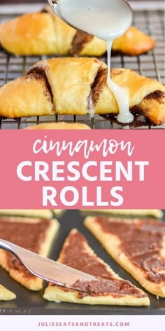 cinnamon crescent crescents are being drizzled with icing