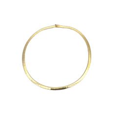 This modern, flexible Omega necklace stands out with its segmented gold design and high polish finish. Measuring 16.5 inches in length and 6 mm wide, this staple necklace offers a sleek and sophisticated look that effortlessly complements any outfit. The segmented construction provides both flexibility and durability, making it a comfortable choice for daily wear or special occasions. Crafted from 14k yellow gold, this Omega necklace is perfect for layering with other pieces or wearing alone as Modern Yellow Gold Chain Necklace With Polished Finish, Modern Flexible Yellow Gold Bracelet, Luxury Flexible Yellow Gold Bracelet, Modern Yellow Gold Necklace, Tarnish Resistant, Luxury Gold-tone Polished Finish Necklace, Staple Necklace, Omega Necklace, Necklace Stand, Platinum Rose Gold