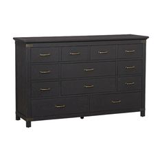 a black dresser with gold handles and drawers on the bottom drawer, against a white background