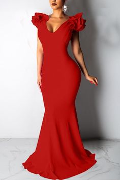 Size(in) Bust Waist Hip Length S 29.5  25.2  34.1  55.5  M 31.9  27.6  36.5  56.8  L 34.3  29.9  39.4  58.1  XL 36.6  32.3  42.1  59.1  XXL 39.0  34.6  45.3  60.6 Red V-neck Maxi Dress, Red Stretch V-neck Maxi Dress, Red V-neck Maxi Dress Solid Color, Red Stretch Maxi Dress With V-neck, Fitted Maxi V-neck Dress With Ruffles, Red Long Dress, Ruffle Long Dress, Long Red Dress, Church Dresses