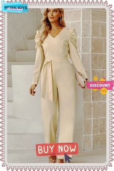 Belted Long Puff Sleeve V-neck Jumpsuit Fall V-neck Jumpsuits And Rompers In Solid Color, V-neck Jumpsuits And Rompers For Fall Brunch, Fall Brunch V-neck Jumpsuits And Rompers, Workwear Puff Sleeve Jumpsuits And Rompers For Spring, Spring Workwear Jumpsuits And Rompers With Puff Sleeves, Spring Elegant Puff Sleeve Jumpsuits And Rompers, Elegant Spring Puff Sleeve Jumpsuits And Rompers, Elegant Spring Jumpsuit With Puff Sleeves, Long Puff Sleeves