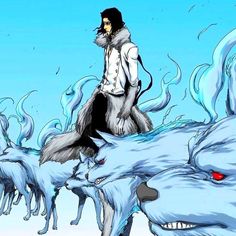 a man riding on the back of a white wolf next to snow covered ground with red eyes