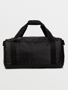 a black duffel bag sitting on top of a white surface with the handles down