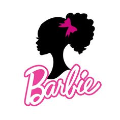 the word barbie with a silhouette of a woman's head in pink and black