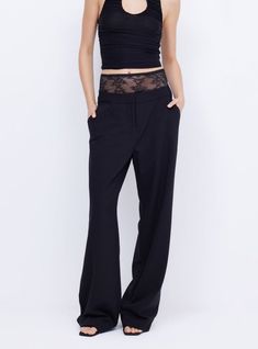 A classic with a twist, the Jewel Slouched Pant feature a statement contrast inbuilt stretch lace waistband with a scalloped edge. The relaxed pant sit on the mid waist and are finished with belt loops, side seam pockets and back welt pockets. Designed to sit on the mid waist in a relaxed silhouette. Pant is accessed through front fly closure. Fabric offers no stretch to the fit. True to size, select your normal size. Model is 176cm / 5’9.5” wearing an AU 8 / US 4. Designed in Australia, made in Fitted Bottoms With Lace Trim For Evening, Fitted Lace Trim Bottoms For Evening, Lace Trim Bottoms For Night Out, Lace Trim Long Bottoms For Night Out, Lace Trim Long Pants For Night Out, Wide Leg Pants With Lace Trim For Night Out, Evening Pants With Lace Trim, Chic Black Pants With Lace Trim, Elegant Evening Bottoms With Lace Trim