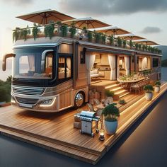 a large motor home sitting on top of a wooden platform