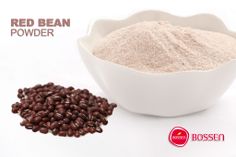 red bean powder in a white bowl next to a pile of brown beans on a white background