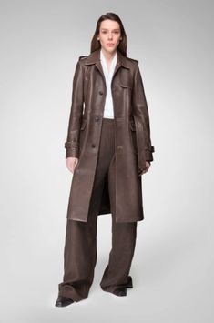 Women's Trench Leather Coat In Coffee Brown Luxury Brown Belted Outerwear, Belted Brown Outerwear For Business, Brown Leather Outerwear For Work, Brown Leather Jacket With Lapel Collar For Office, Brown Leather Long Coat For Fall, Elegant Brown Leather Long Coat, Elegant Long Brown Leather Jacket, Brown Outerwear With Leather Lining For Work, Brown Leather-lined Outerwear For Work