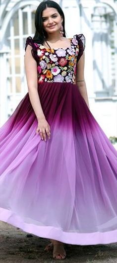 Purple and Violet color Gown in Georgette fabric with Printed work Multicolor Fitted Bodice Dress For Wedding, Multicolor Evening Dress For Wedding, Multicolor Floor-length Gown With Fitted Bodice, Multicolor Sleeveless Gown For Wedding, Fitted Multicolor Evening Dress For Wedding, Multicolor Sleeveless Evening Dress For Wedding, Sleeveless Multicolor Evening Dress For Wedding, Elegant Multicolor Floor-length Gown, Elegant Floor-length Multicolor Gown