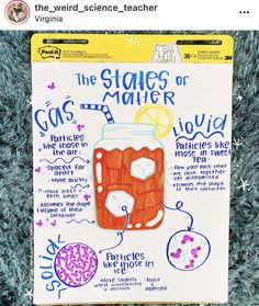 a poster with words and pictures about the stages of matter in a jar on top of blue carpet