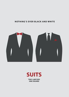 the poster for suits is shown in black and white, with red bow ties on it