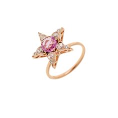 Ring in Pink Gold set with Diamonds & Pink Sapphire Luxury Jewelry With Rose Cut Diamonds And Pink Sapphire, Luxury Pink Gold Ring With Pink Sapphire, Luxury Pink Sapphire Ring Jewelry, Luxury Pink Sapphire Ring As A Gift, Pink Gold Ring With Pink Sapphire, Pink Sapphire Pink Gold Ring, Pink Rose Cut Diamond Ring, Luxury Pink Sapphire Ring In 14k Gold, Pink 14k Gold Rings With Diamond Accents