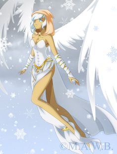 an angel is flying through the air with snow flakes on her head and wings