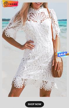 White Puff Sleeve Crochet Lace Mini Dress Short Sleeve Crochet Dress For Summer Brunch, Summer Crochet Dress With Short Sleeves For Brunch, White Short Sleeve Lace Dress For Beach, Spring Crochet Dress Short Sleeve For Day Out, Spring Crochet Dress With Hollow Out Detail, Spring Crochet Hollow Out Dress, Chic Short Sleeve Crochet Dress For Vacation, Chic Crochet Dress With Short Sleeves For Vacation, Short Sleeve Lace Dress For Beach