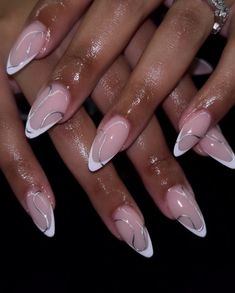 Nails Oval Shape Design, Outline French Tip Nails Almond, Oval Shape Nails Designs, Oval Nails Designs Black Women, Oval French Nails Design, Oval Birthday Nails, Almond French Tip Nails Black Women, Classy Almond Nails Black Woman, Nail Designs For Wedding Guest