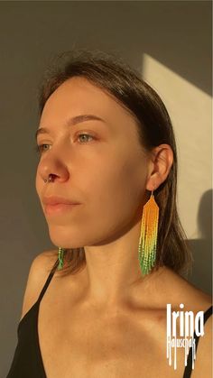 Orange and green earrings Beaded earrings Gradient seed bead earrings Long fringe earrings Native dangle earring beadwork jewelry Green Fringe Round Bead Earrings, Green Fringe Beaded Drop Earrings, Green Beaded Fringe Chandelier Earrings, Green Beaded Earrings With Fringe For Summer, Green Fringe Drop Earrings, Green Tassel Drop Earrings With Colorful Beads, Green Tassel Drop Earrings With Dangling Beads, Green Beaded Tassel Earrings With Round Beads, Green Beaded Earrings With Fringe