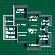 a bunch of words that are on top of a green board with the words living room, dining table, and kitchen