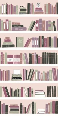 a book shelf filled with lots of books on top of each other in front of a pink wall